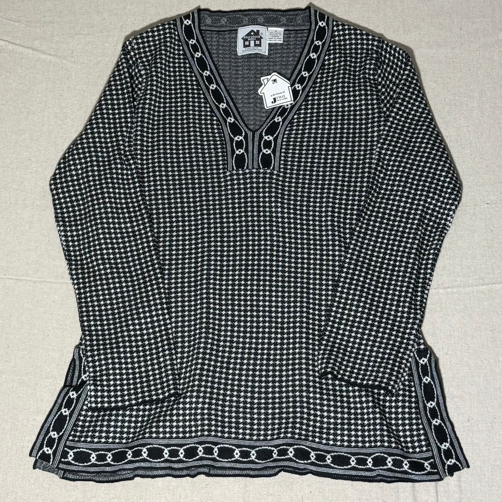 Storybook Knits Womens M Black White Houndstooth Chain V-Neck Cotton Sweater NWT